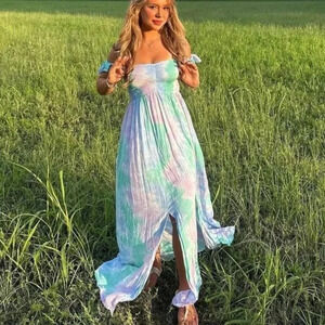 TIARE HAWAII Hollie Smocked Blue Violet Green Smoke Maxi Dress One Size